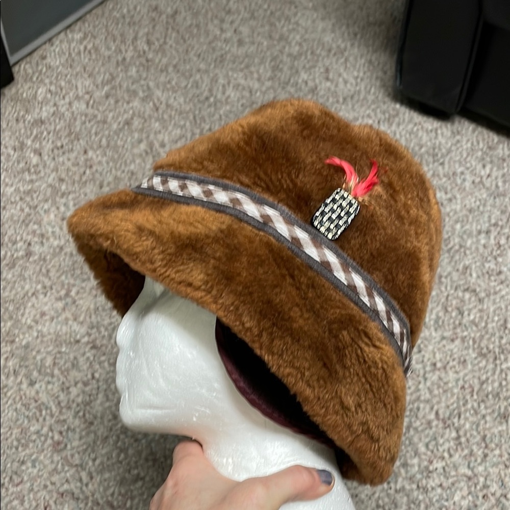 Vintage 60s/70s fur hat with wool ear flaps and feather accent